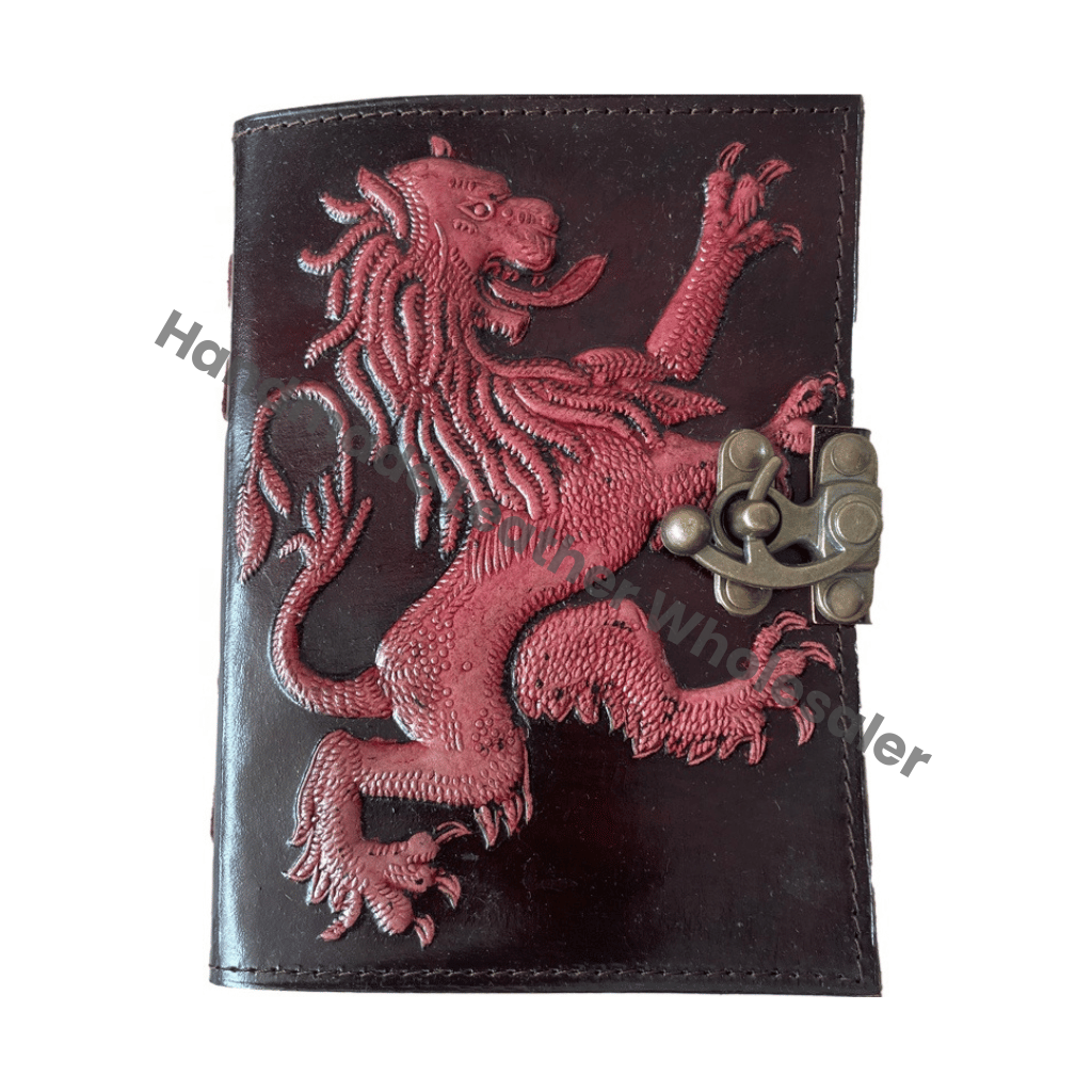 Antique Lion Leather Journal Handmade Deckle Edge Paper Red Embossed Vintage Journals Sketchbook Book of Charmed Spell planner