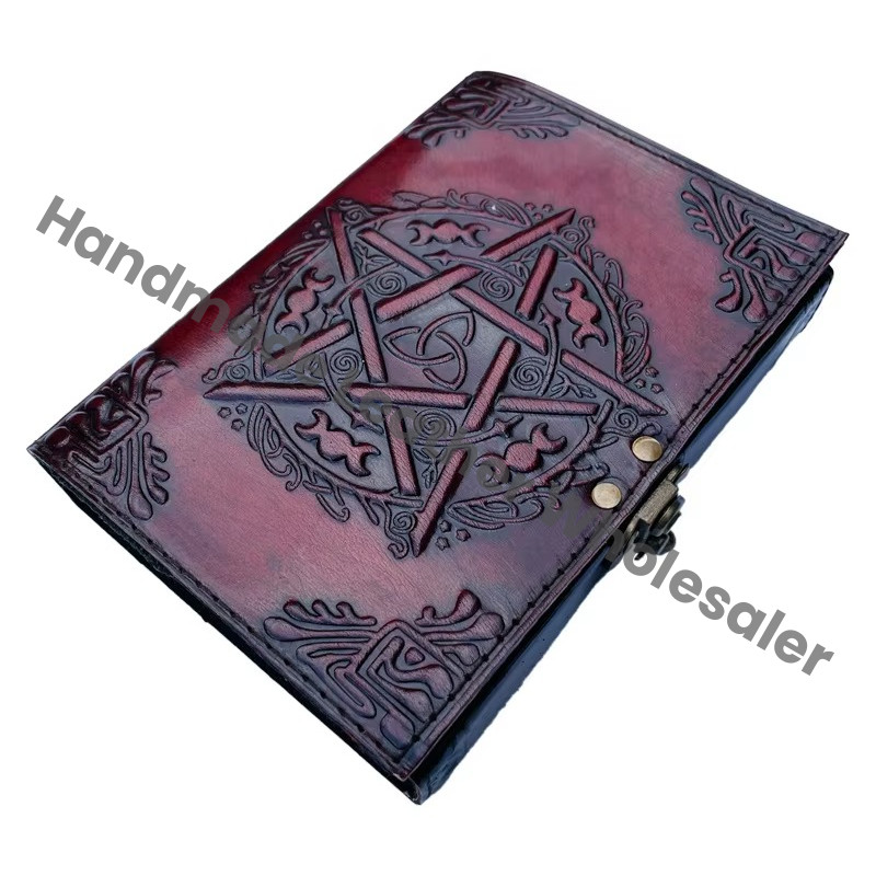 Antique Pentagram Embossed Hardcover Leather Journal Metal Closure Brown Guest Book Spells Handmade Paper Custom Logo Gift Him