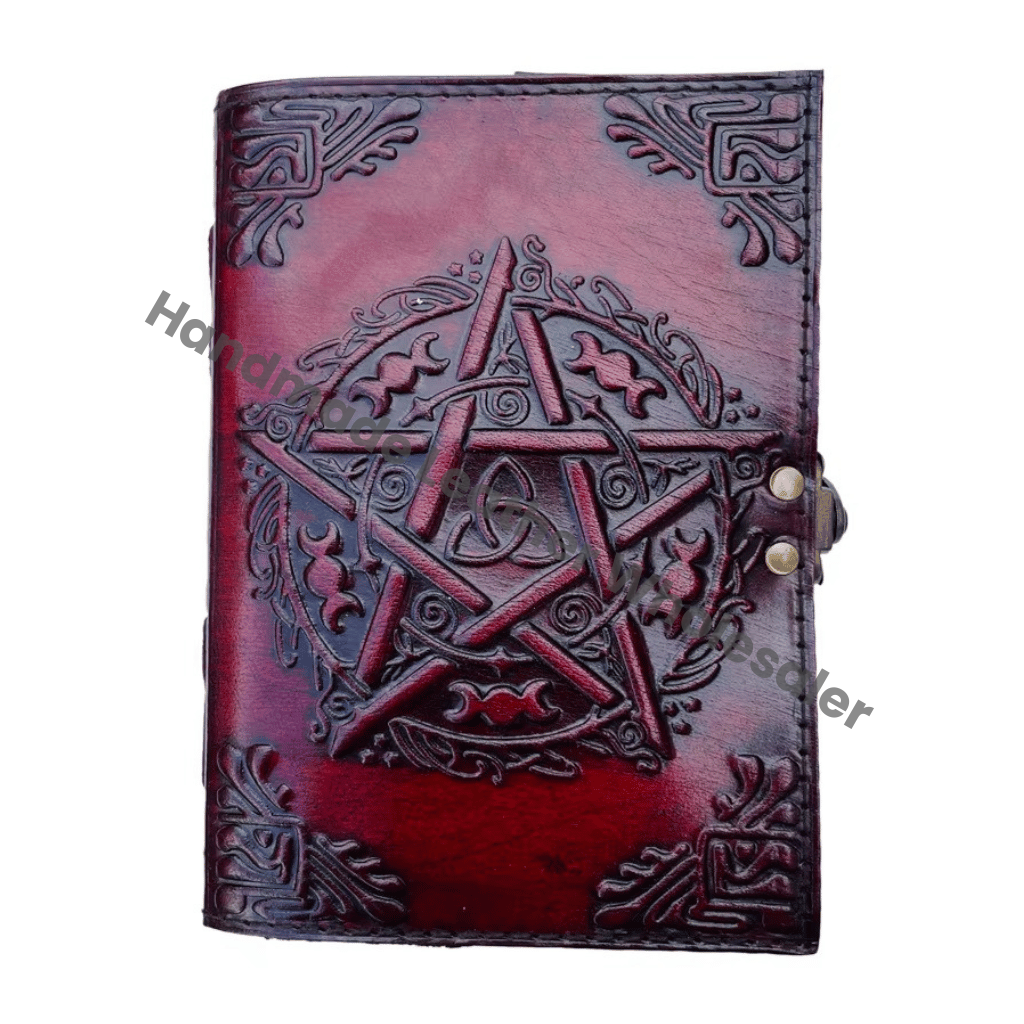 Antique Pentagram Embossed Hardcover Leather Journal Metal Closure Brown Guest Book Spells Handmade Paper Custom Logo Gift Him