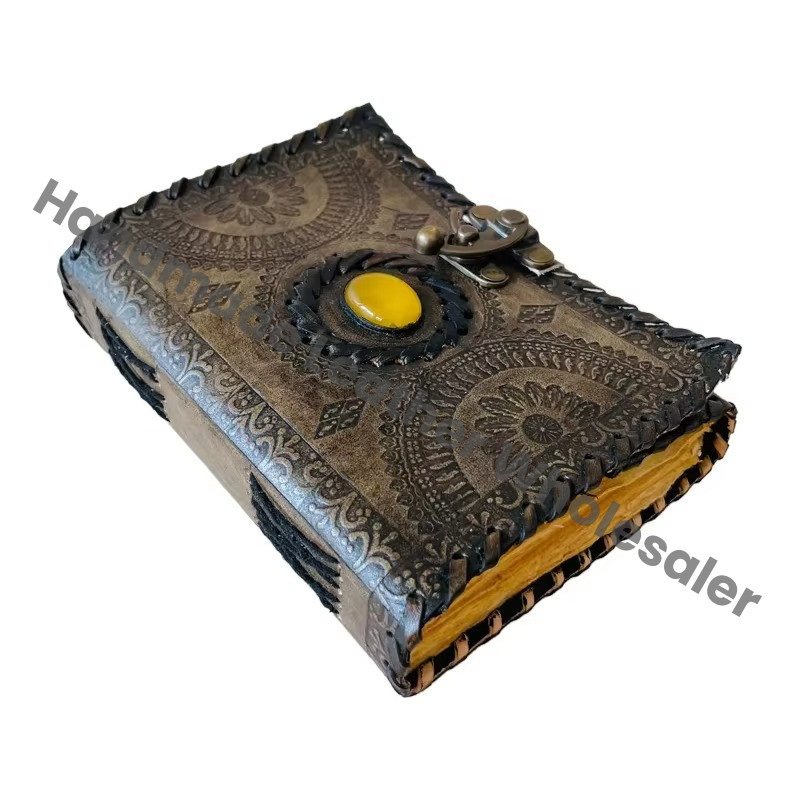 Antique Stone Leather Journal Embossed Charcoal Book of Shadows Prop Handmade Paper Personal Organizer Gift for her Planner