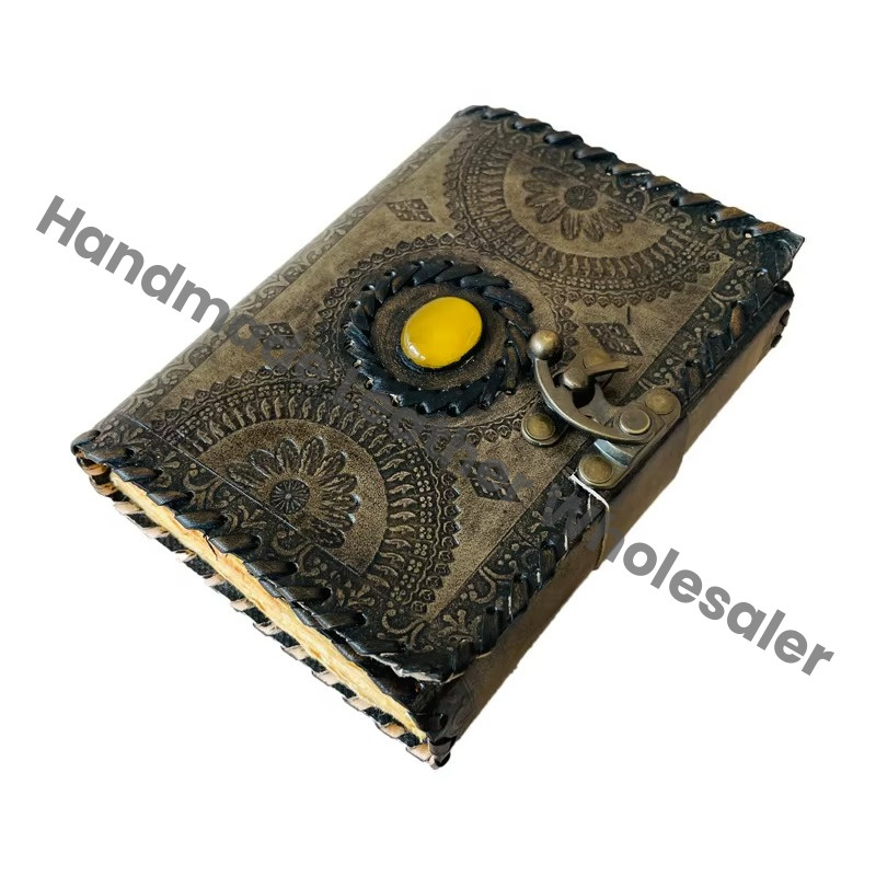 Antique Stone Leather Journal Embossed Charcoal Book of Shadows Prop Handmade Paper Personal Organizer Gift for her Planner