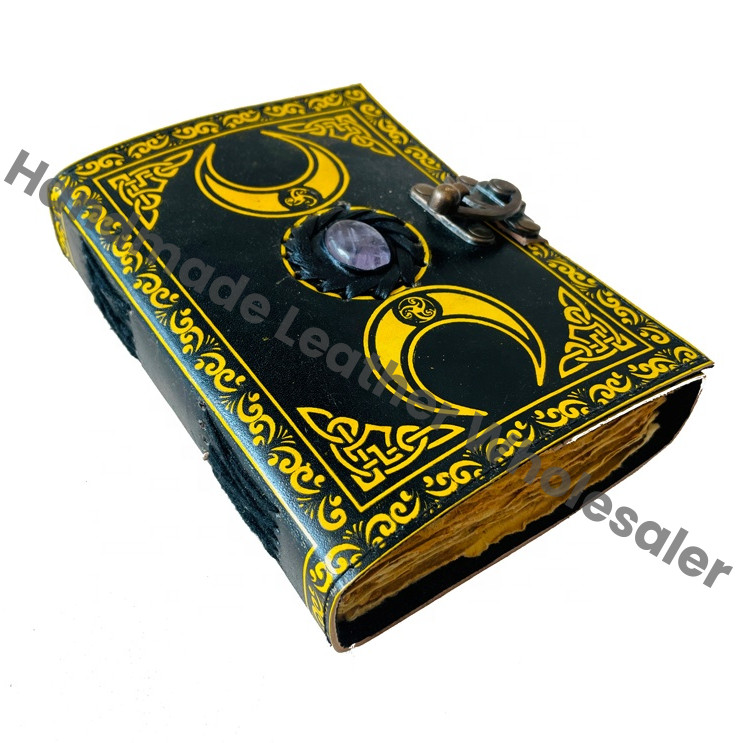 Antique Triple Moon Goddess Leather Hardcover Journal with Recyclable Handmade Paper Sheets Grimoire Gift for Women