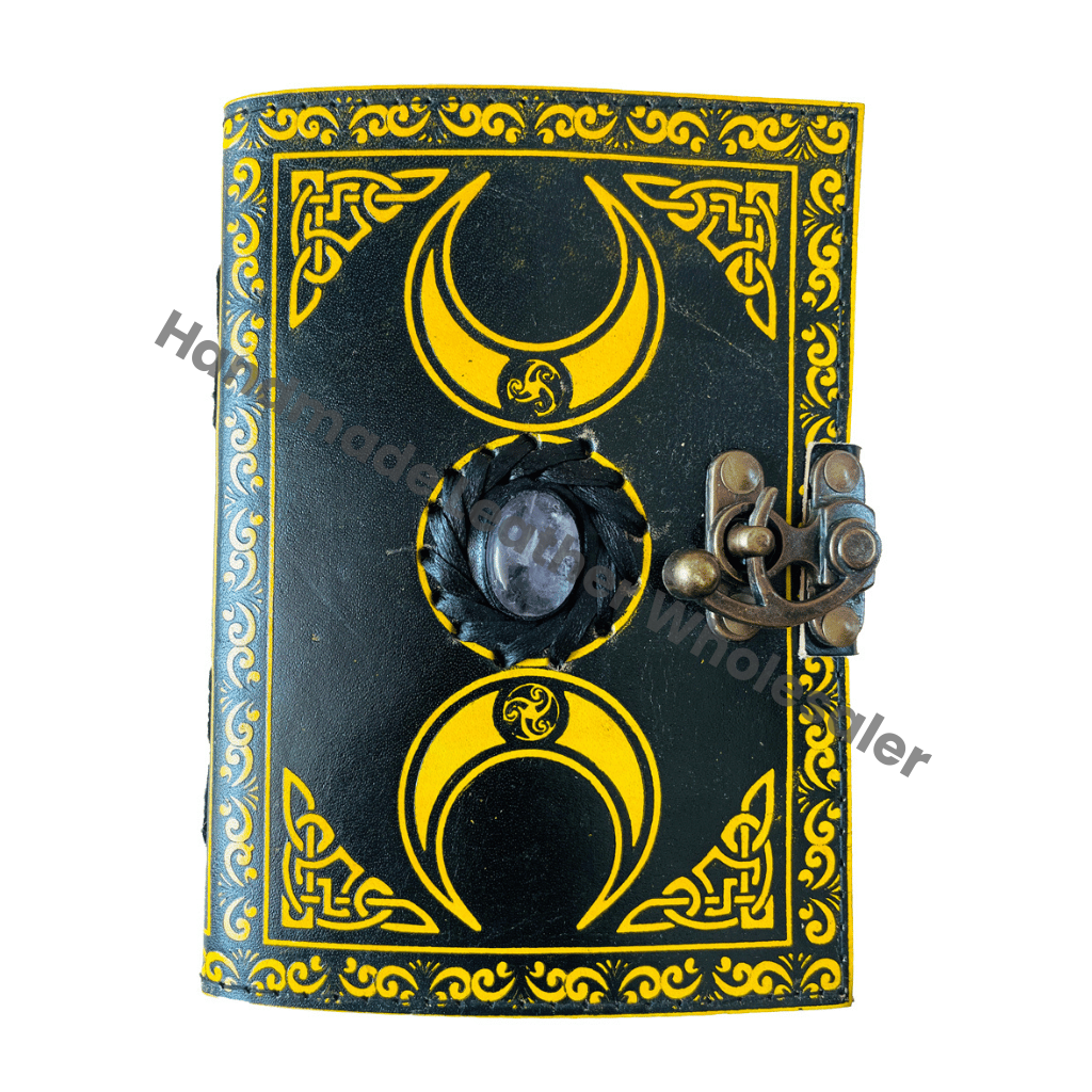Antique Triple Moon Goddess Leather Hardcover Journal with Recyclable Handmade Paper Sheets Grimoire Gift for Women