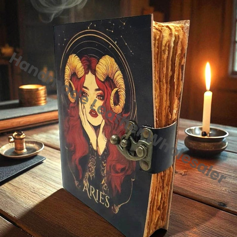 Aries Zodiac Leather Journal • Handmade Astrology Notebook • Aries Horoscope Diary with Vintage Lock • Zodiac Sign Sketchbook & Writing.