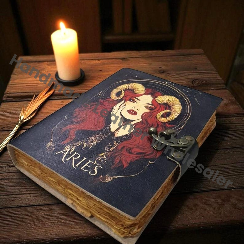 Aries Zodiac Leather Journal • Handmade Astrology Notebook • Aries Horoscope Diary with Vintage Lock • Zodiac Sign Sketchbook & Writing.