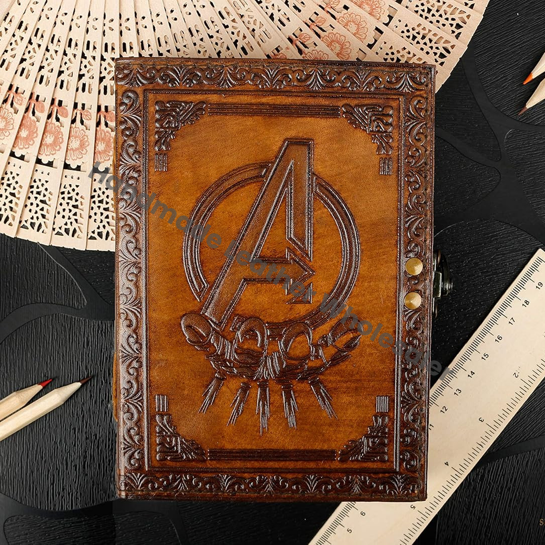 Avengers Marvels Logo Embossed Vintage Leather Sketchbook Journal Writing Notebook for Men & Women Leather Bound Notebook Daily Notepad