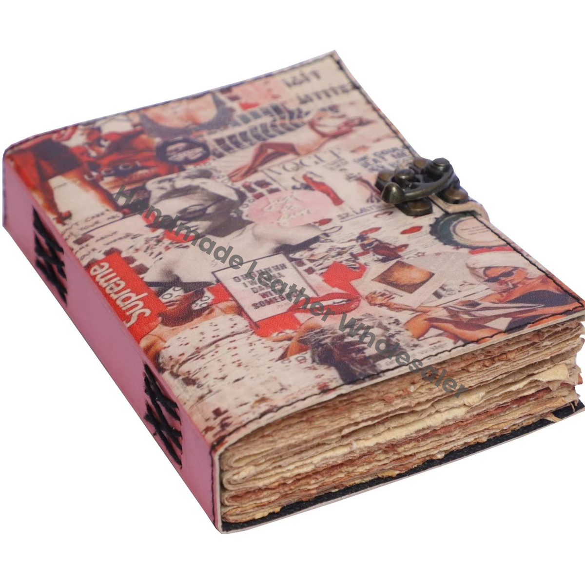Best Printed Diary Imitation Leather Cover Digital Printing Sewing Binding Vintage Collage Design Handmade Leather Printed