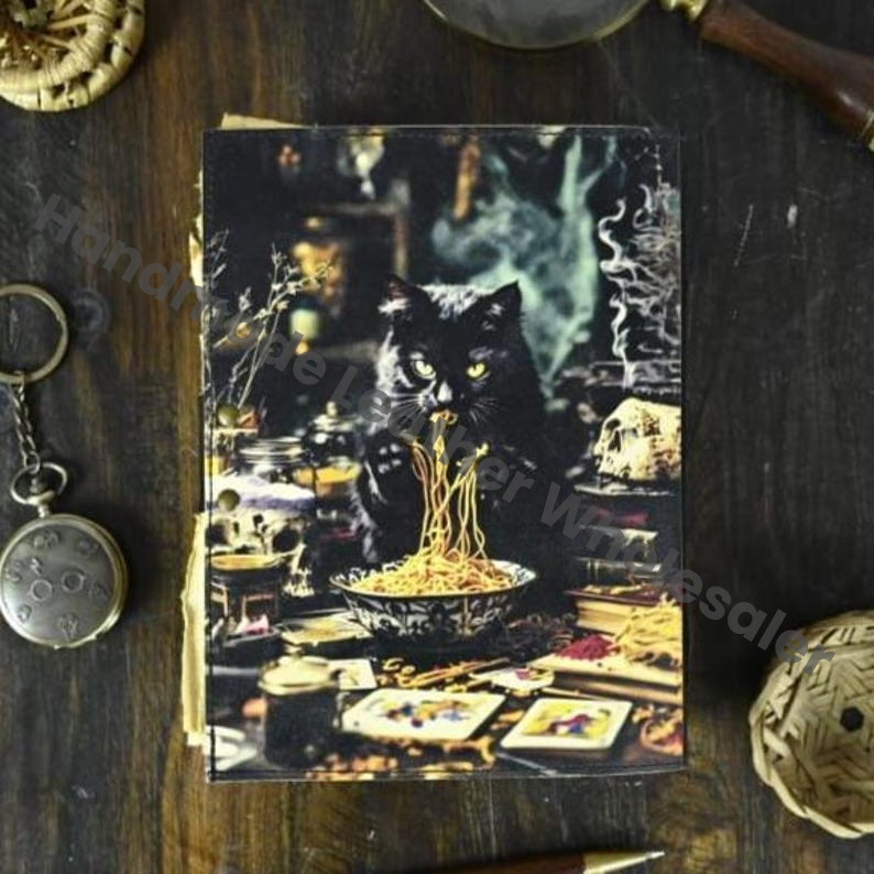 Black Cat | Full Moon Leather Spell Book | Handmade Gothic Journal | Book of Shadows for Witches Halloween gifts
