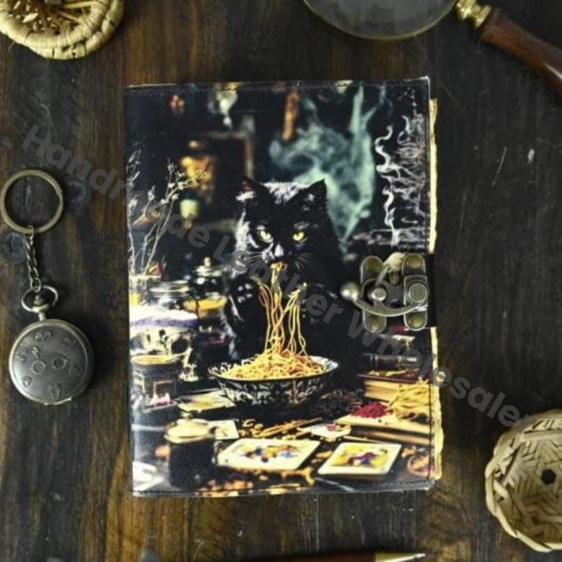 Black Cat | Full Moon Leather Spell Book | Handmade Gothic Journal | Book of Shadows for Witches Halloween gifts