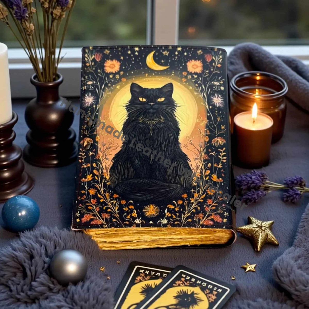 Black Cat Leather Grimoire Book of Shadows – Handmade Witchcraft Spell book | Wiccan Pagan Occult Magic Journal | Mystic Witchy Gift