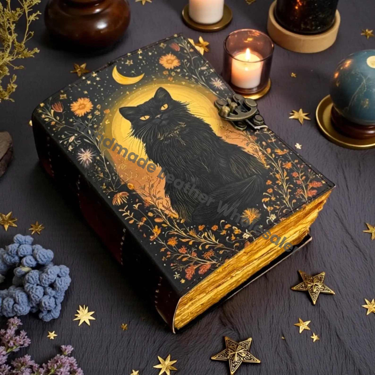 Black Cat Leather Grimoire Book of Shadows – Handmade Witchcraft Spell book | Wiccan Pagan Occult Magic Journal | Mystic Witchy Gift