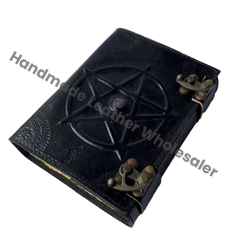 Black Leather Pentagram Diary Hardcover With Metal Clasp Sewing Binding White Papers Book Custom sketchbook