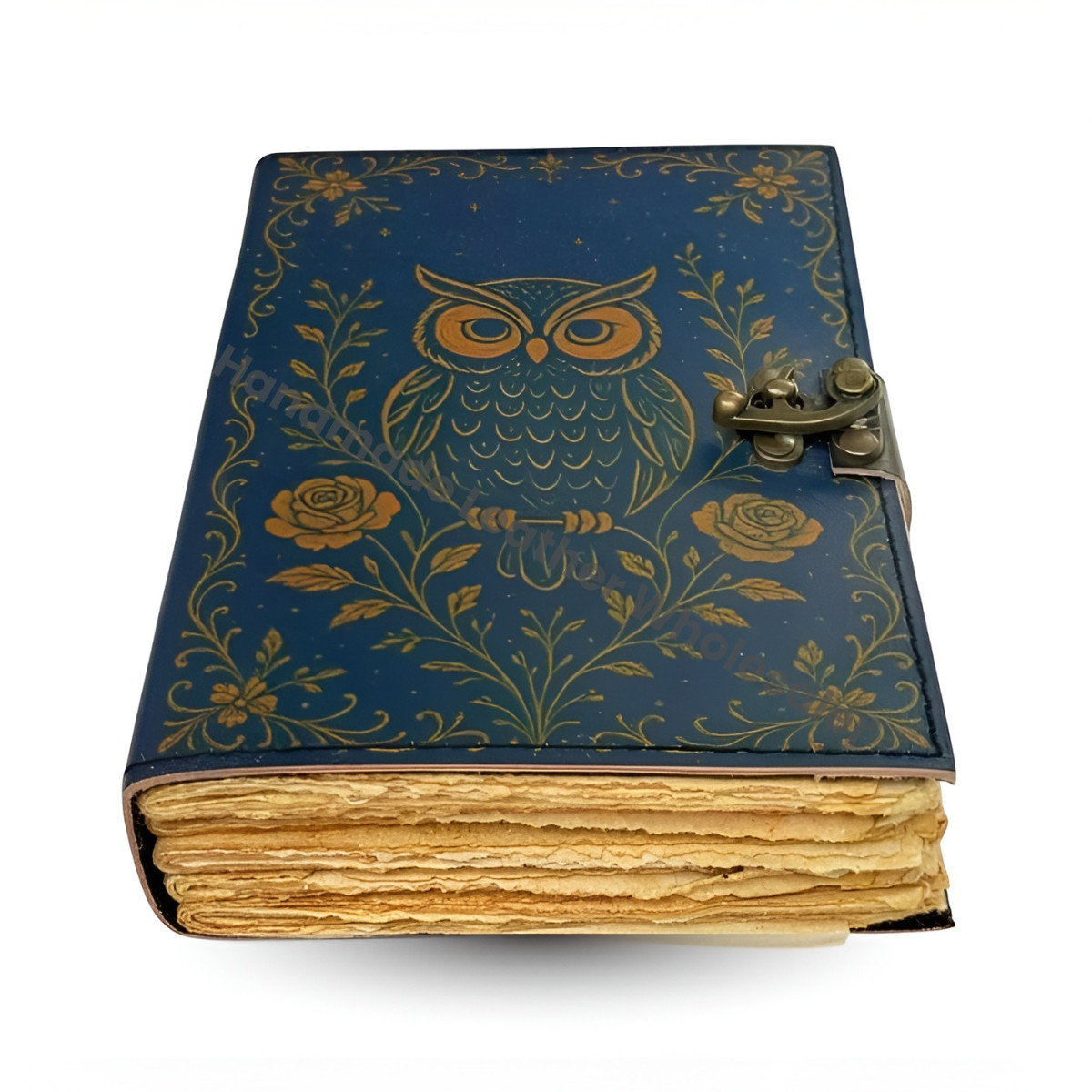 Blue Owl Leather Journal – Vintage Handmade Notebook with Lock | Embossed Owl Diary | Refillable Writing Journal Gift for Writers & Artists