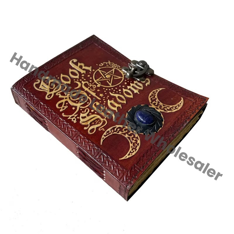 Book of Shadows Leather Journal with Semi Precious Stone Lock Closure Antique Deckle Edge Paper Grimoire Journal, Tr