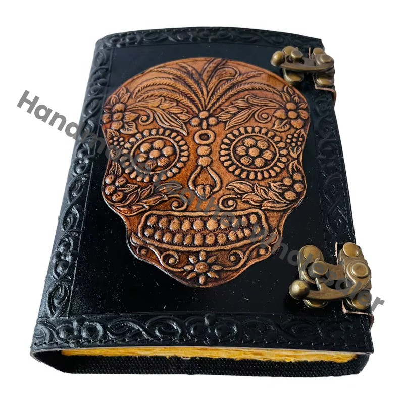 Book of Spells Vintage Leather Journal Notebook Deckle Edge Paper Grimoire Tarot Notebook Spiral Gothic Notebook Skull Lover