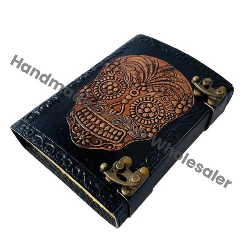 Book of Spells Vintage Leather Journal Notebook Deckle Edge Paper Grimoire Tarot Notebook Spiral Gothic Notebook Skull Lover