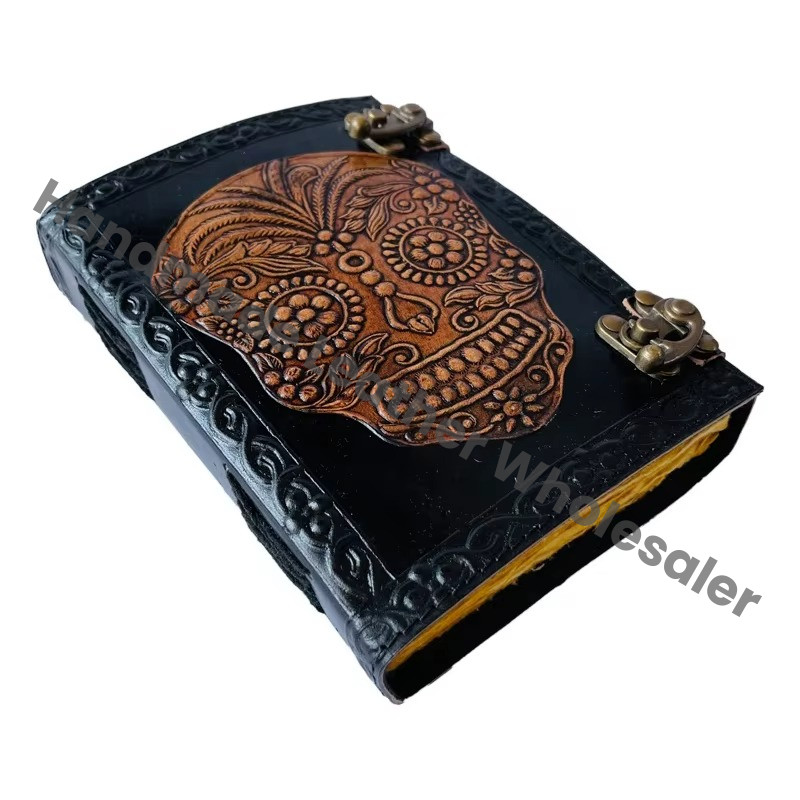 Book of Spells Vintage Leather Journal Notebook Deckle Edge Paper Grimoire Tarot Notebook Spiral Gothic Notebook Skull Lover