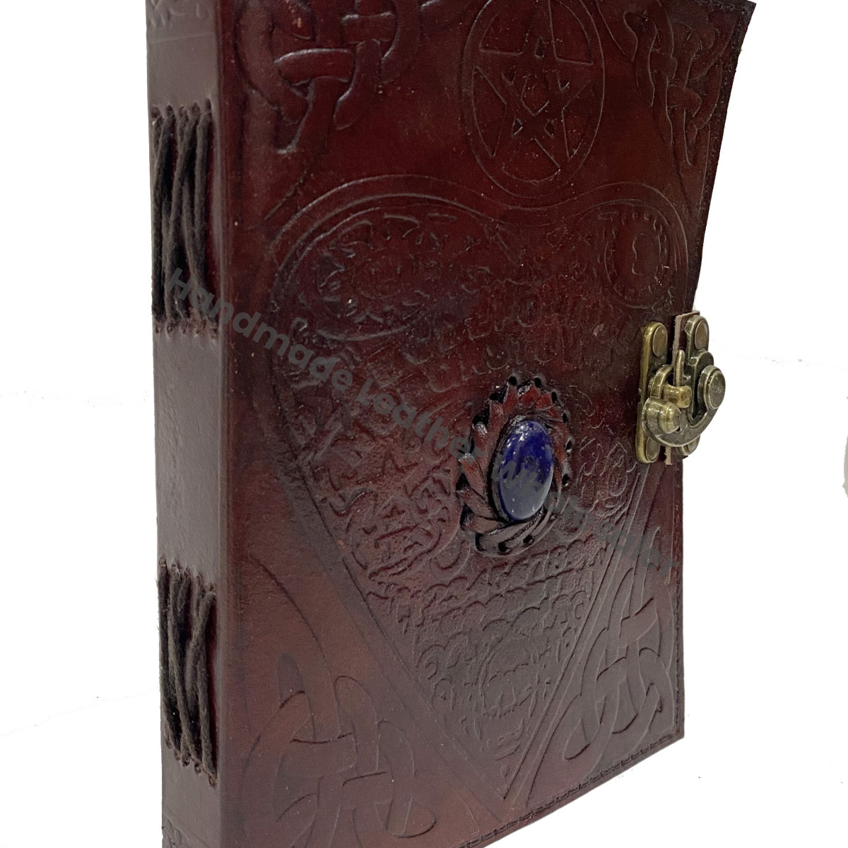 Book Shadows Brown Leather Hardcover Journals Recyclable Handmade Paper Celtic Love Heart Embossed Design Third Eye Stone Gift
