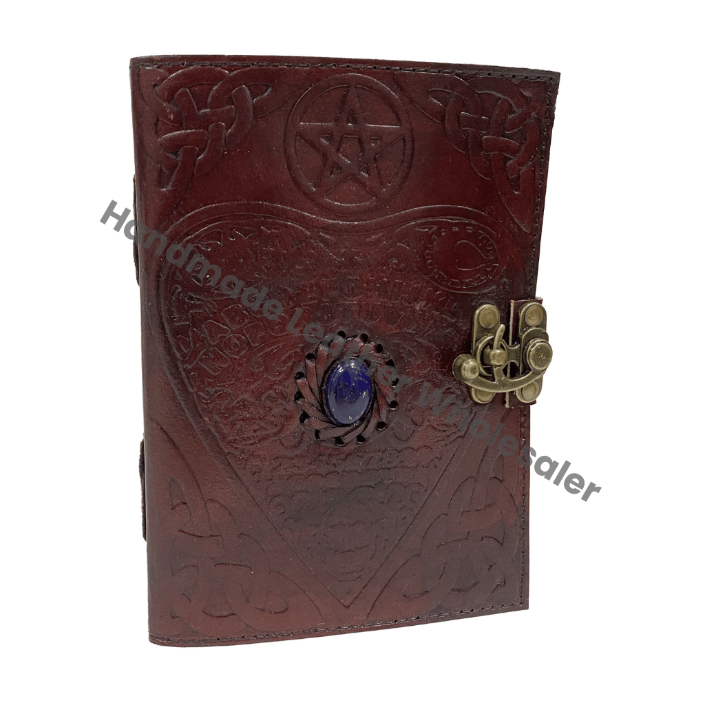 Book Shadows Brown Leather Hardcover Journals Recyclable Handmade Paper Celtic Love Heart Embossed Design Third Eye Stone Gift