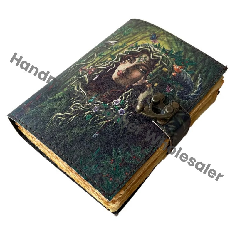 Book Shadows Printed Vintage Deckle Art Paper Handmade Eco-friendly Leather Journal Women Face Nature Writing Wiccan Gift
