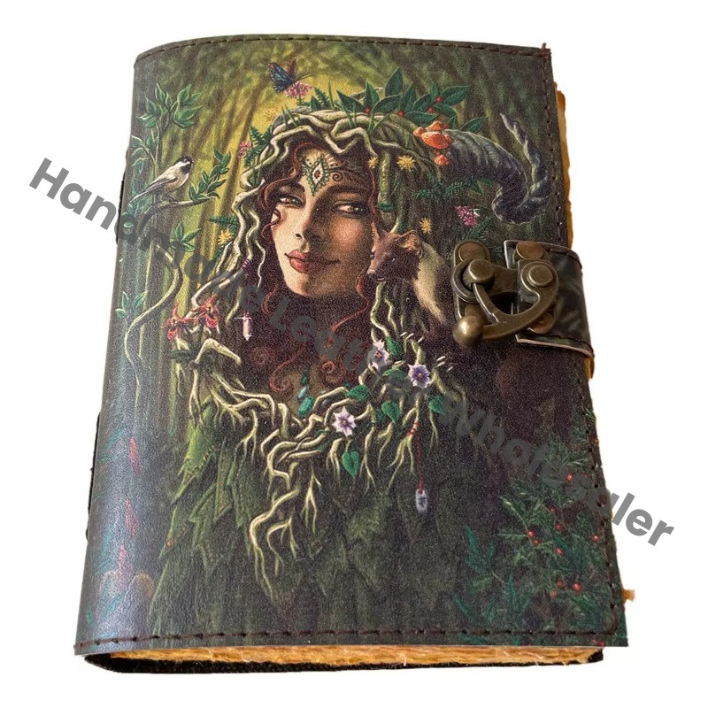 Book Shadows Printed Vintage Deckle Art Paper Handmade Eco-friendly Leather Journal Women Face Nature Writing Wiccan Gift