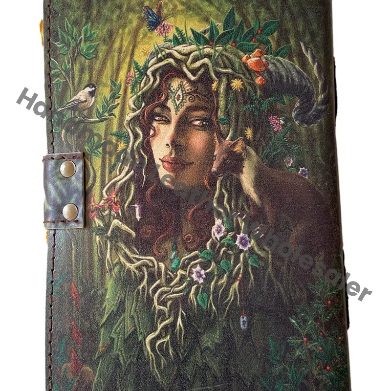 Book Shadows Printed Vintage Deckle Art Paper Handmade Eco-friendly Leather Journal Women Face Nature Writing Wiccan Gift