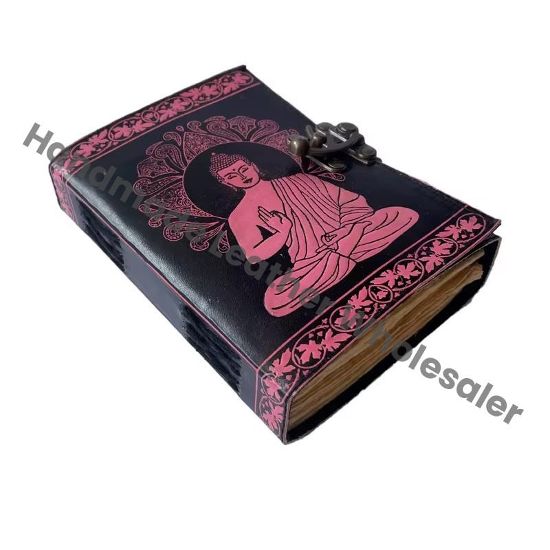 Buddha Leather Journal Antique Book of Spell Charmed Handmade Deckle Edge Paper Black & Pink Embossed Vintage Planner Sketchbook