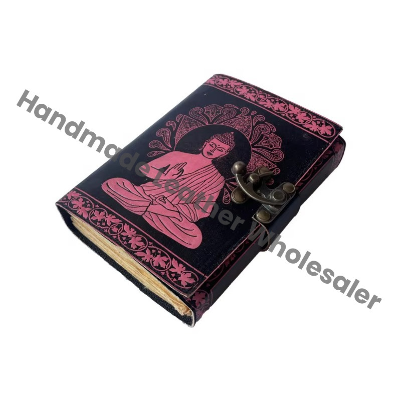 Buddha Leather Journal Antique Book of Spell Charmed Handmade Deckle Edge Paper Black & Pink Embossed Vintage Planner Sketchbook