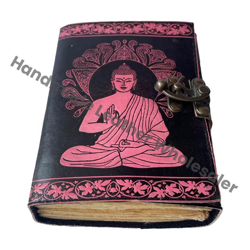Buddha Leather Journal Antique Book of Spell Charmed Handmade Deckle Edge Paper Black & Pink Embossed Vintage Planner Sketchbook
