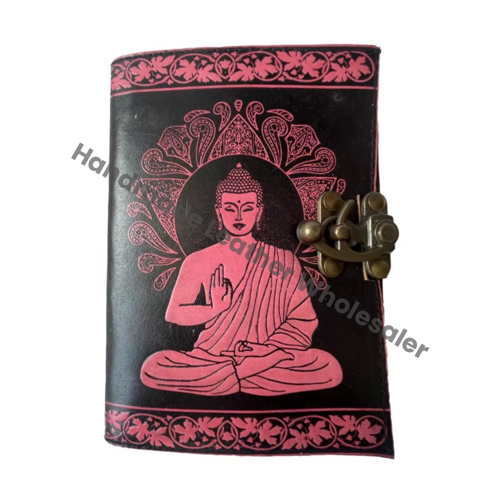 Buddha Leather Journal Antique Book of Spell Charmed Handmade Deckle Edge Paper Black & Pink Embossed Vintage Planner Sketchbook