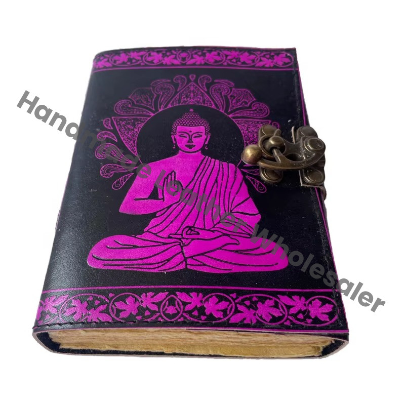 Buddha Leather Journal Antique Book Spell Charmed Handmade Deckle Art Paper Black Pink Embossed Vintage Planner Sketchbook Gift