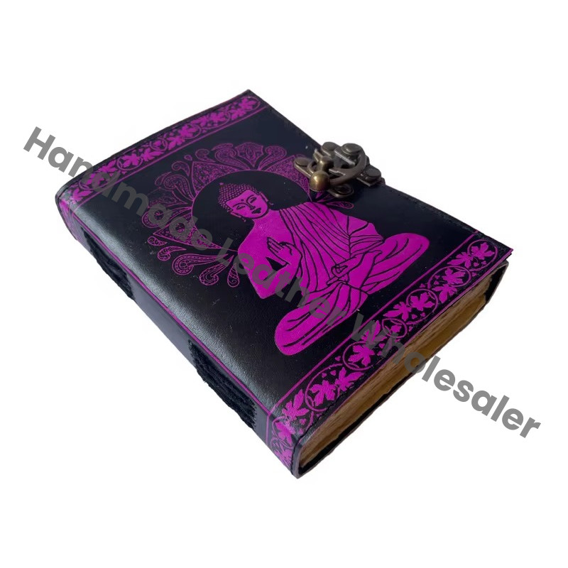 Buddha Leather Journal Antique Book Spell Charmed Handmade Deckle Art Paper Black Pink Embossed Vintage Planner Sketchbook Gift