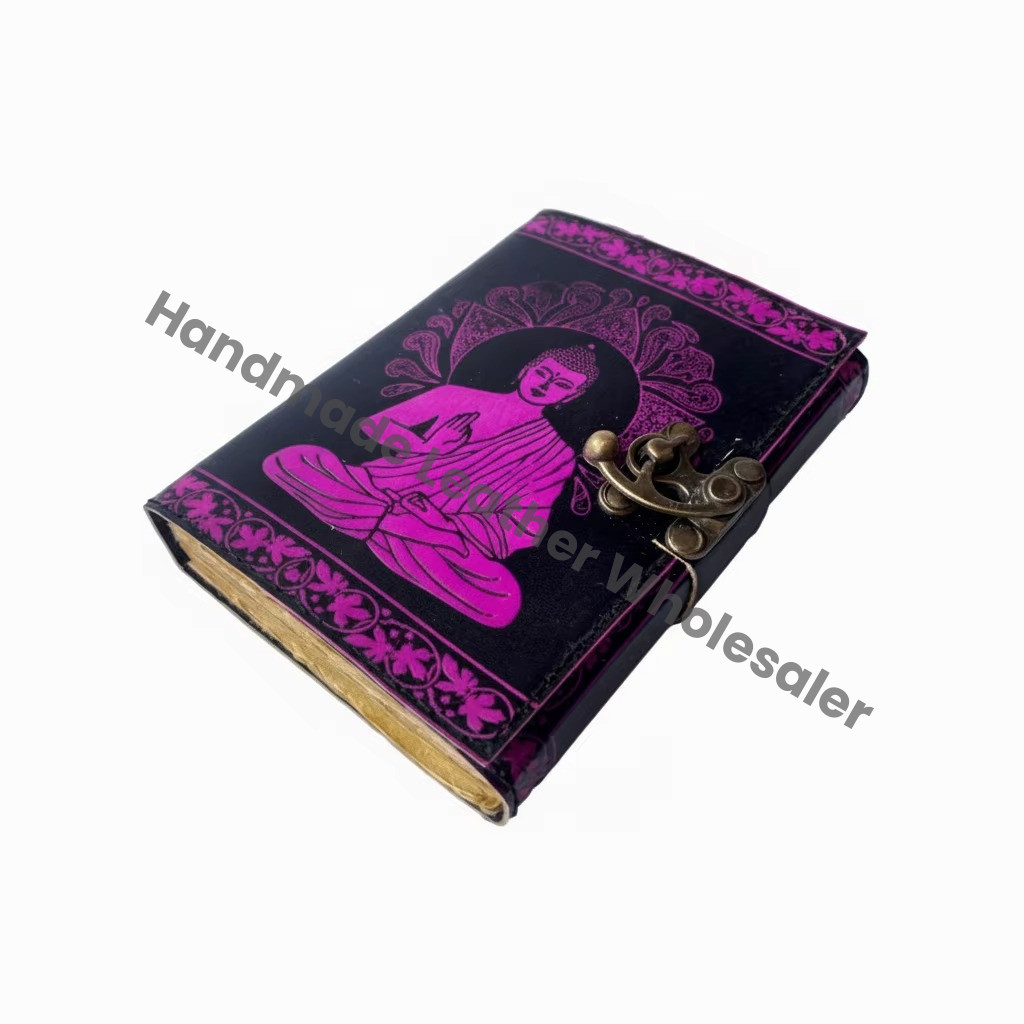 Buddha Leather Journal Antique Book Spell Charmed Handmade Deckle Art Paper Black Pink Embossed Vintage Planner Sketchbook Gift