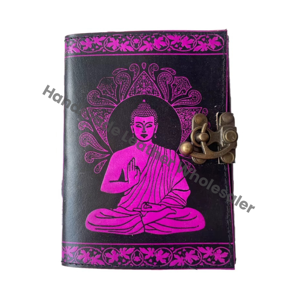 Buddha Leather Journal Antique Book Spell Charmed Handmade Deckle Art Paper Black Pink Embossed Vintage Planner Sketchbook Gift