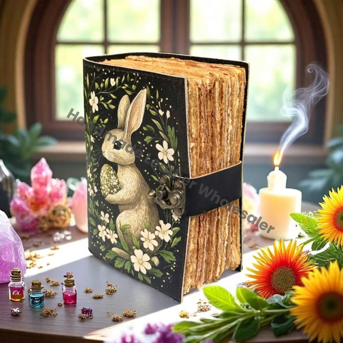 bunny Easter rabbit Journal - Grimoire Leather Notebook - Bunny gifts - Fat journal handmade Deckle Paper