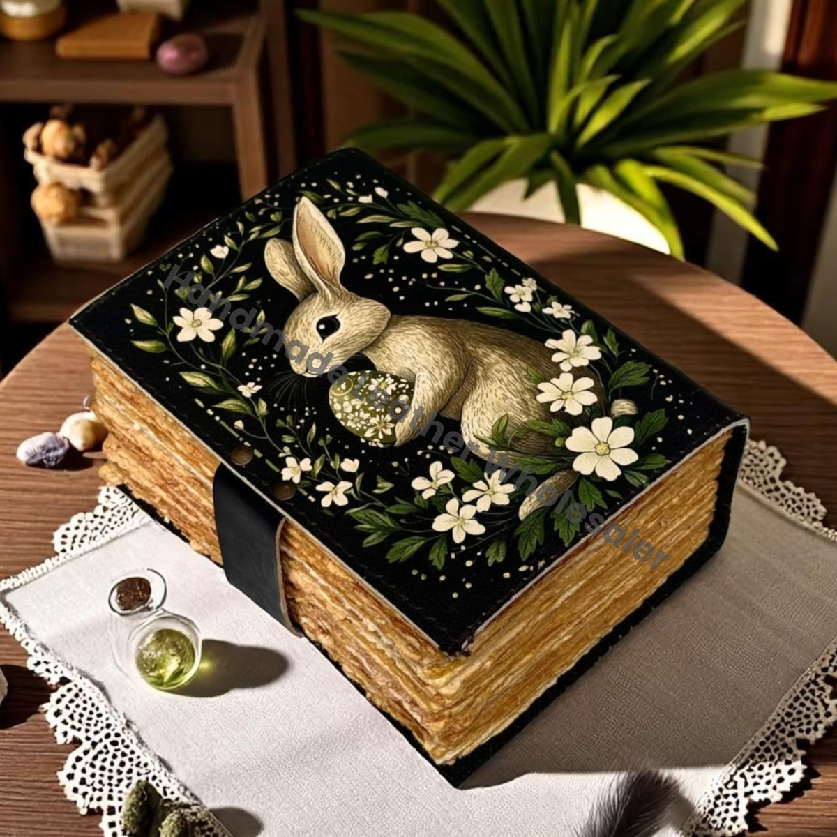 bunny Easter rabbit Journal - Grimoire Leather Notebook - Bunny gifts - Fat journal handmade Deckle Paper