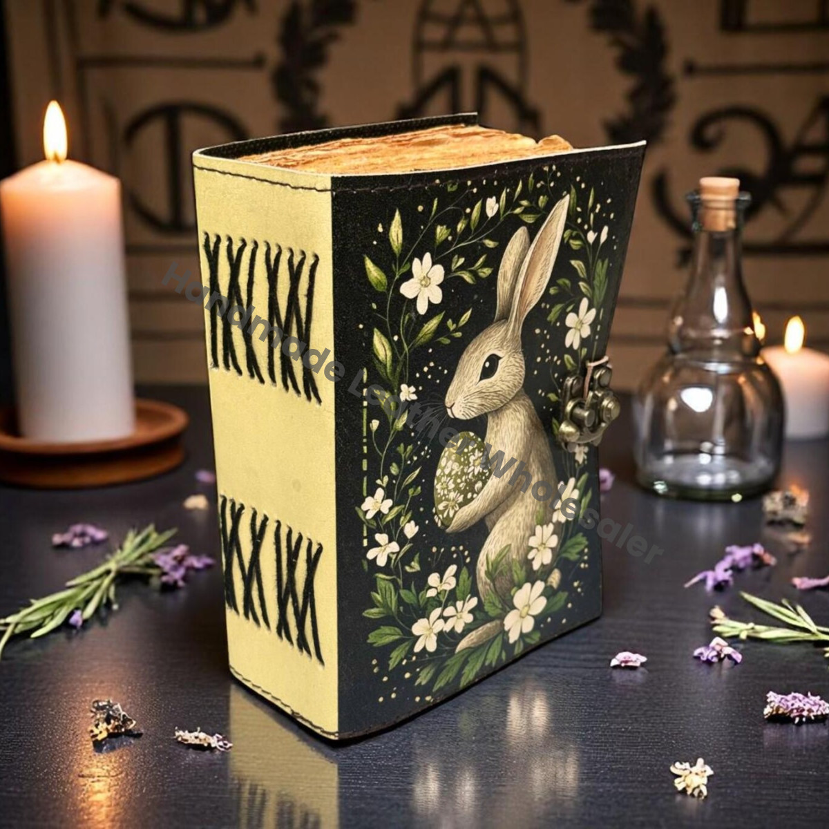 bunny Easter rabbit Journal - Grimoire Leather Notebook - Bunny gifts - Fat journal handmade Deckle Paper