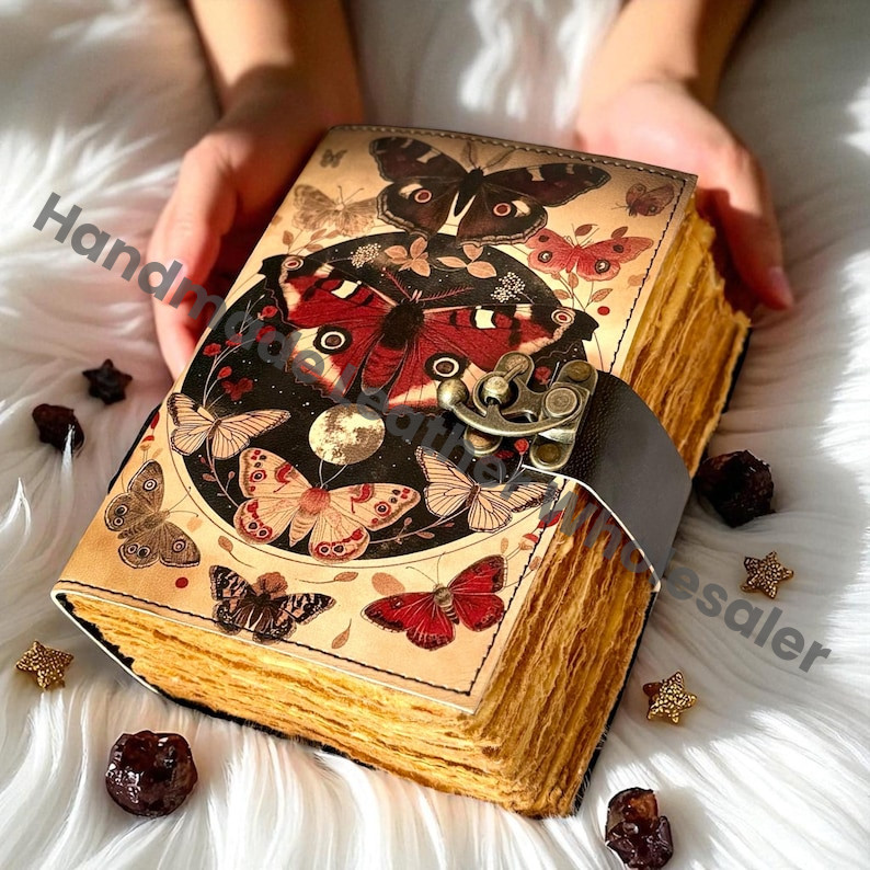 Butterfly Leather Grimoire – Book of Shadows, Vintage Witchcraft Spellbook, Wiccan Pagan Gothic Witchy Magic Diary Gift