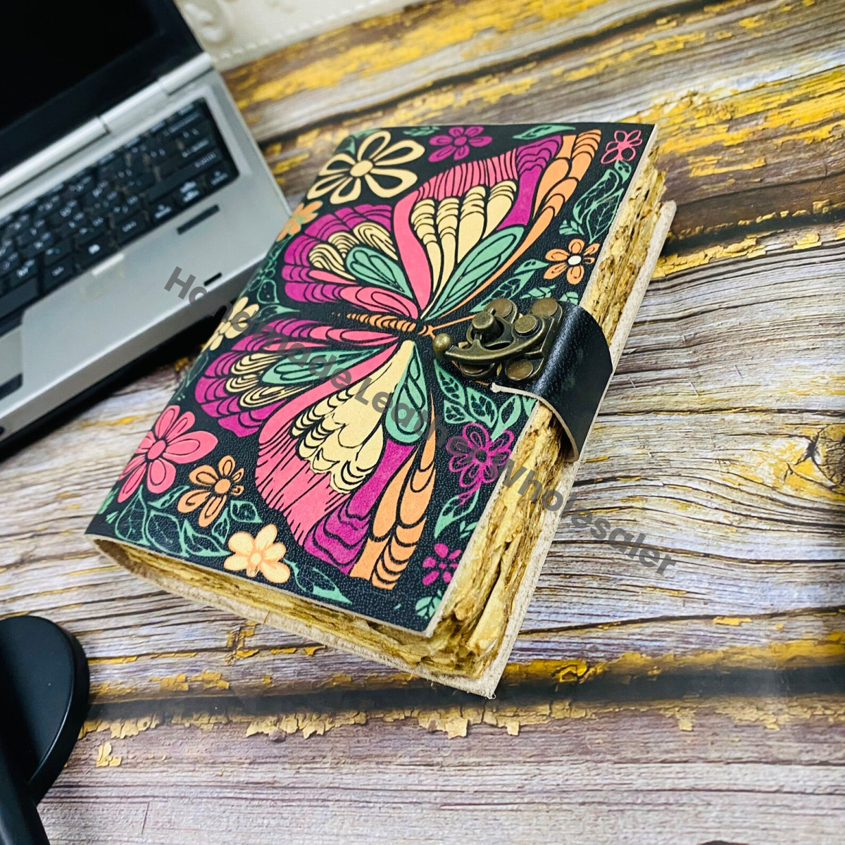 Butterfly Leather Journal: Antique Colorful Paper Book of Shadows