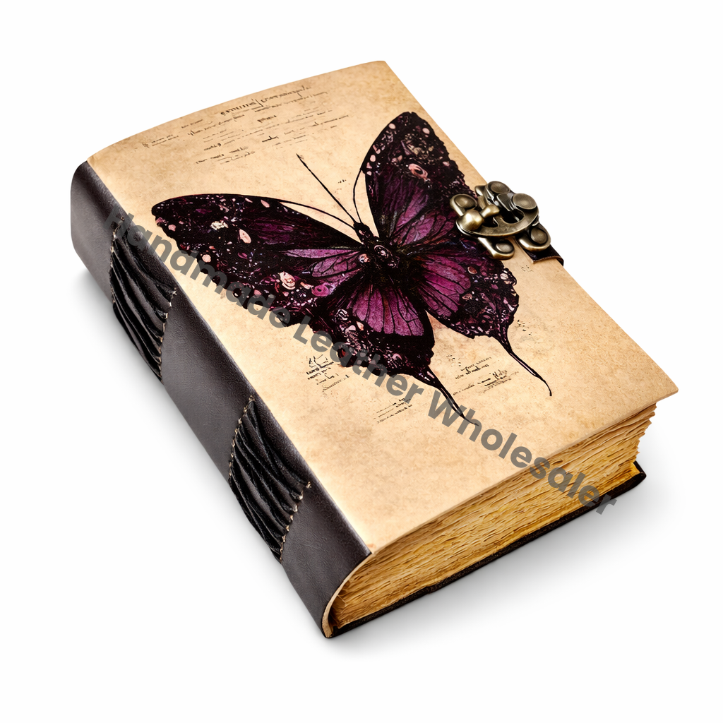 Butterfly Leather Journal – Spell Book of Shadows with Lock, Vintage Witchcraft Grimoire, Wiccan Pagan Gothic Witchy Gift, DnD