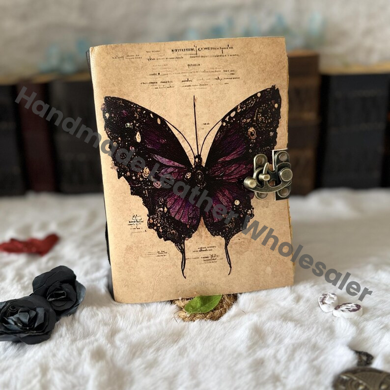 Butterfly Leather Journal – Spell Book of Shadows with Lock, Vintage Witchcraft Grimoire, Wiccan Pagan Gothic Witchy Gift, DnD