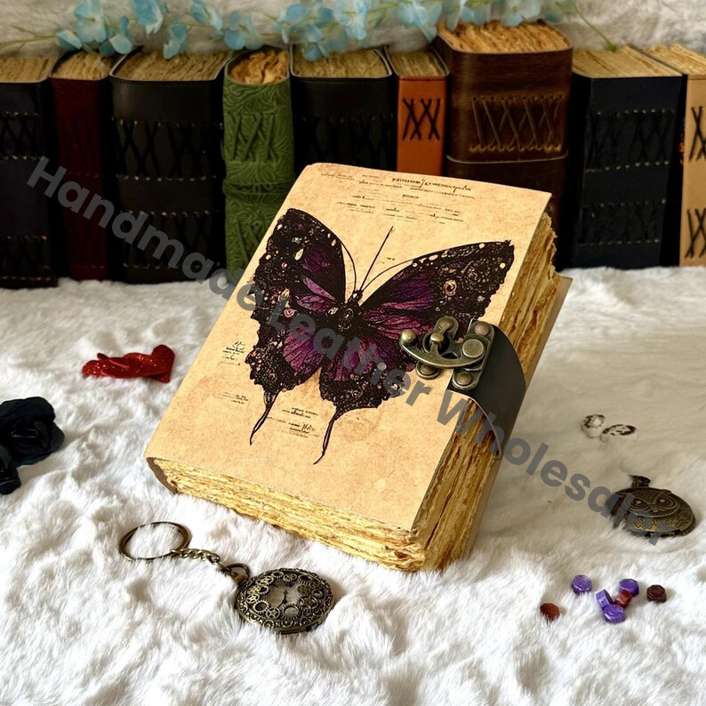 Butterfly Leather Journal – Spell Book of Shadows with Lock, Vintage Witchcraft Grimoire, Wiccan Pagan Gothic Witchy Gift, DnD