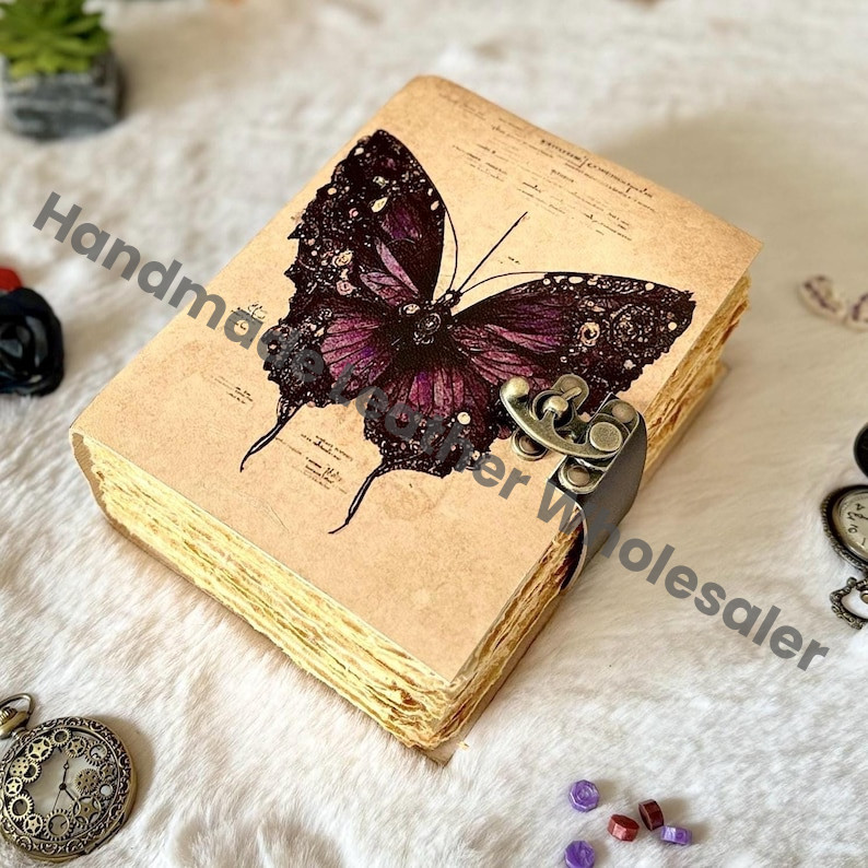 Butterfly Leather Journal – Spell Book of Shadows with Lock, Vintage Witchcraft Grimoire, Wiccan Pagan Gothic Witchy Gift, DnD