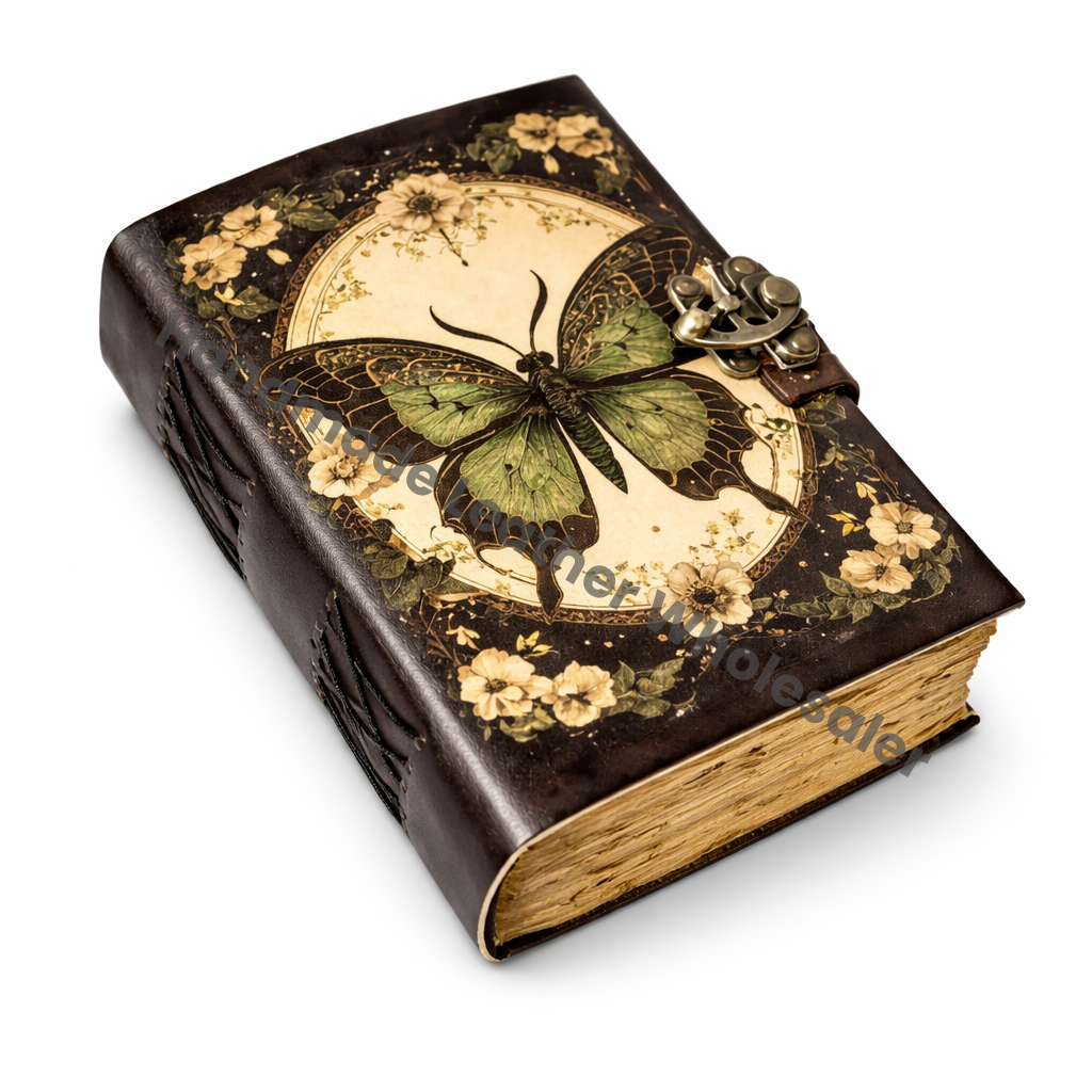 Butterfly Leather Journal – Vintage Lock Spell Book of Shadows, Large Witchcraft Grimoire, Wiccan Pagan Gothic Witchy Magic Gift
