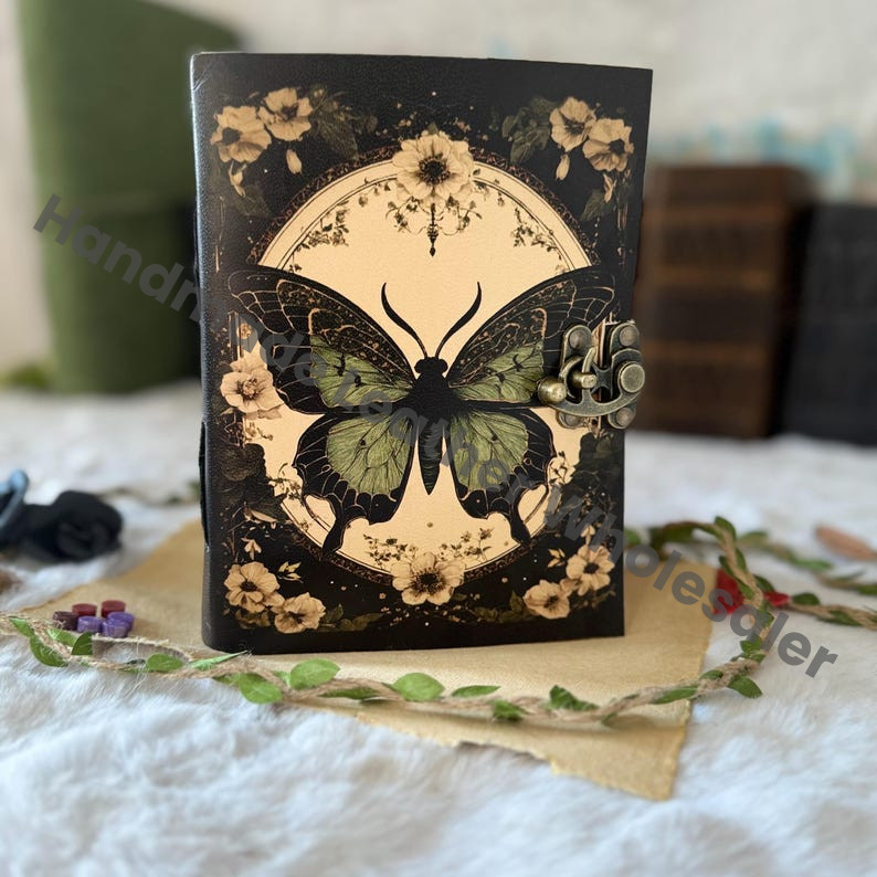 Butterfly Leather Journal – Vintage Lock Spell Book of Shadows, Large Witchcraft Grimoire, Wiccan Pagan Gothic Witchy Magic Gift