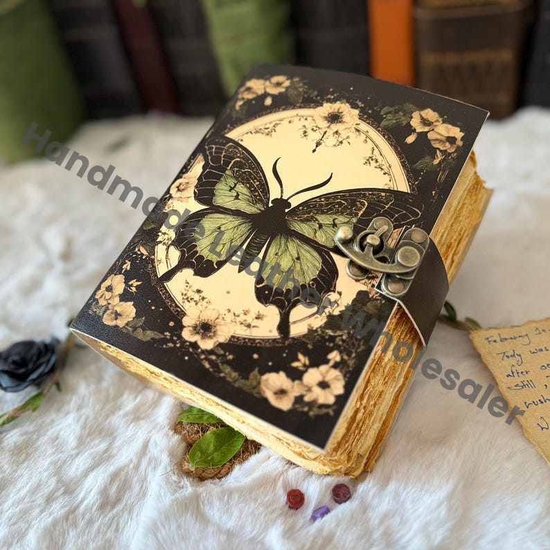 Butterfly Leather Journal – Vintage Lock Spell Book of Shadows, Large Witchcraft Grimoire, Wiccan Pagan Gothic Witchy Magic Gift