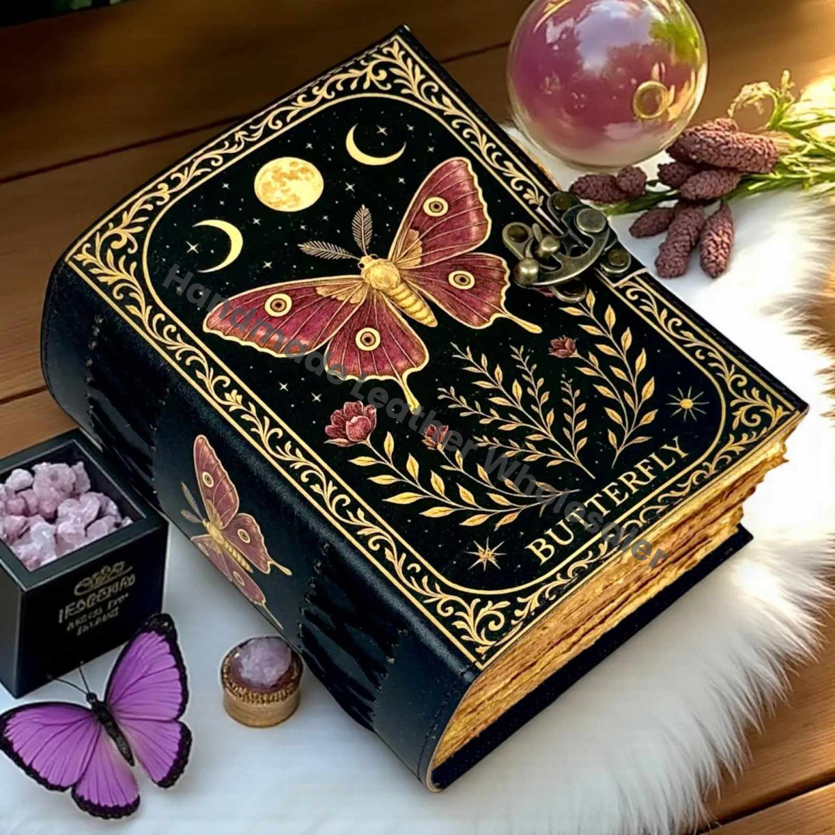 Butterfly Leather Journal with Lock – Pages Vintage Grimoire Book of Shadows, Wiccan Witchcraft Spellbook, Gothic Witchy Diary