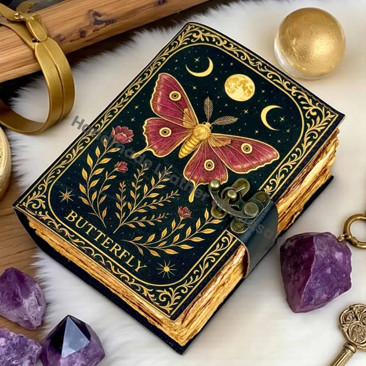Butterfly Leather Journal with Lock – Pages Vintage Grimoire Book of Shadows, Wiccan Witchcraft Spellbook, Gothic Witchy Diary
