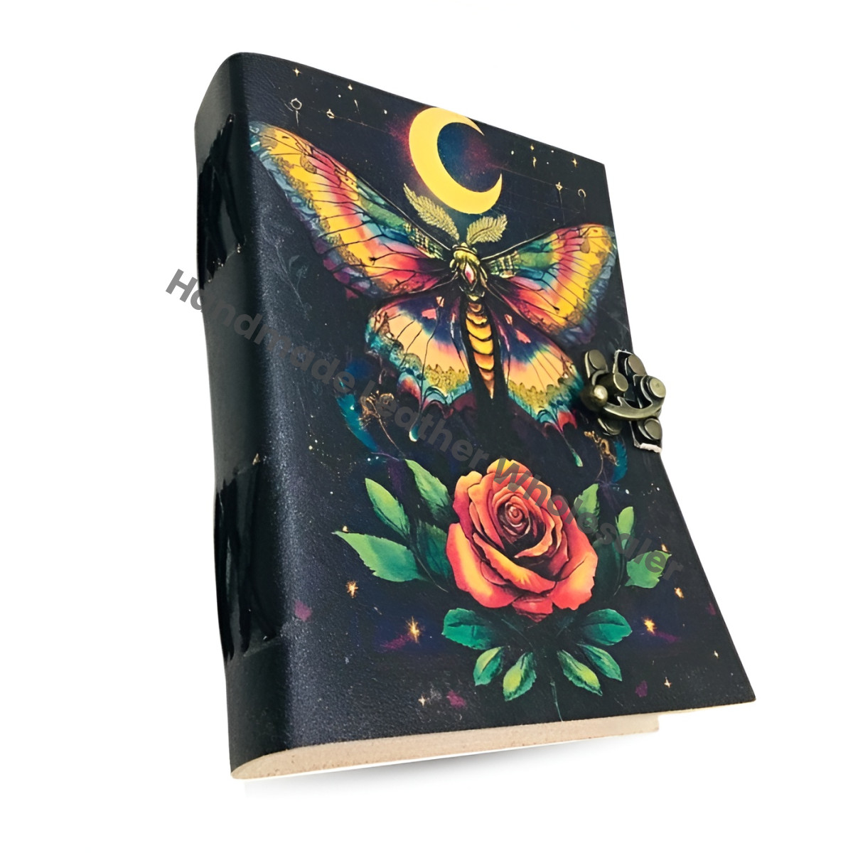 Butterfly Rose Leather Journal – Handmade Deckle Edge Paper, Antique Latch