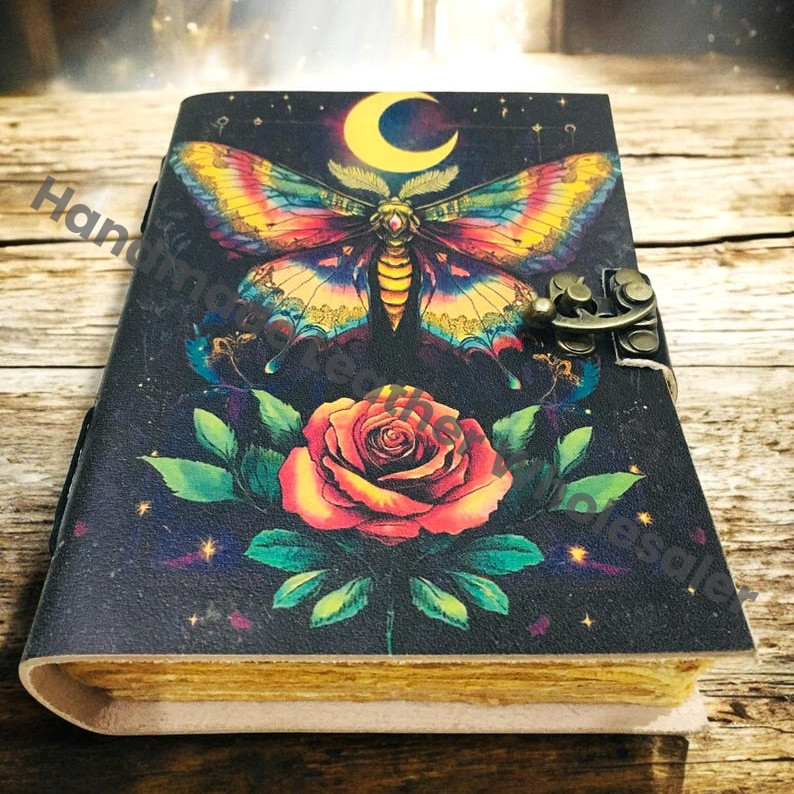 Butterfly Rose Leather Journal – Handmade Deckle Edge Paper, Antique Latch